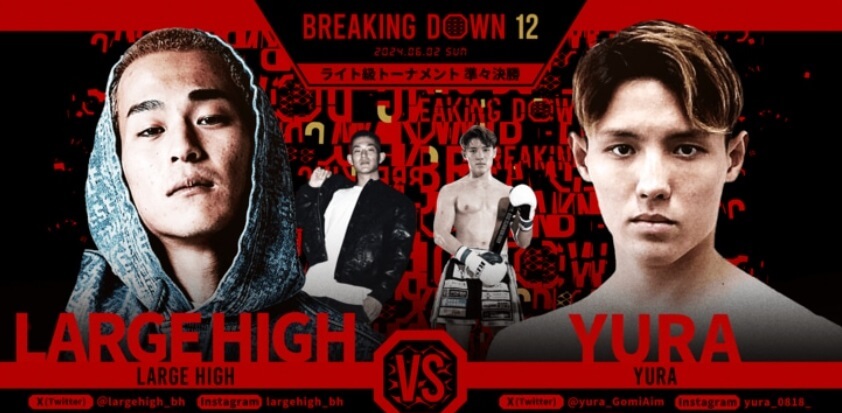 BREAKING DOWN12
2024.06.02.SUN
ライト級トーナメント準々決勝
LARGE HIGH vs YURA
